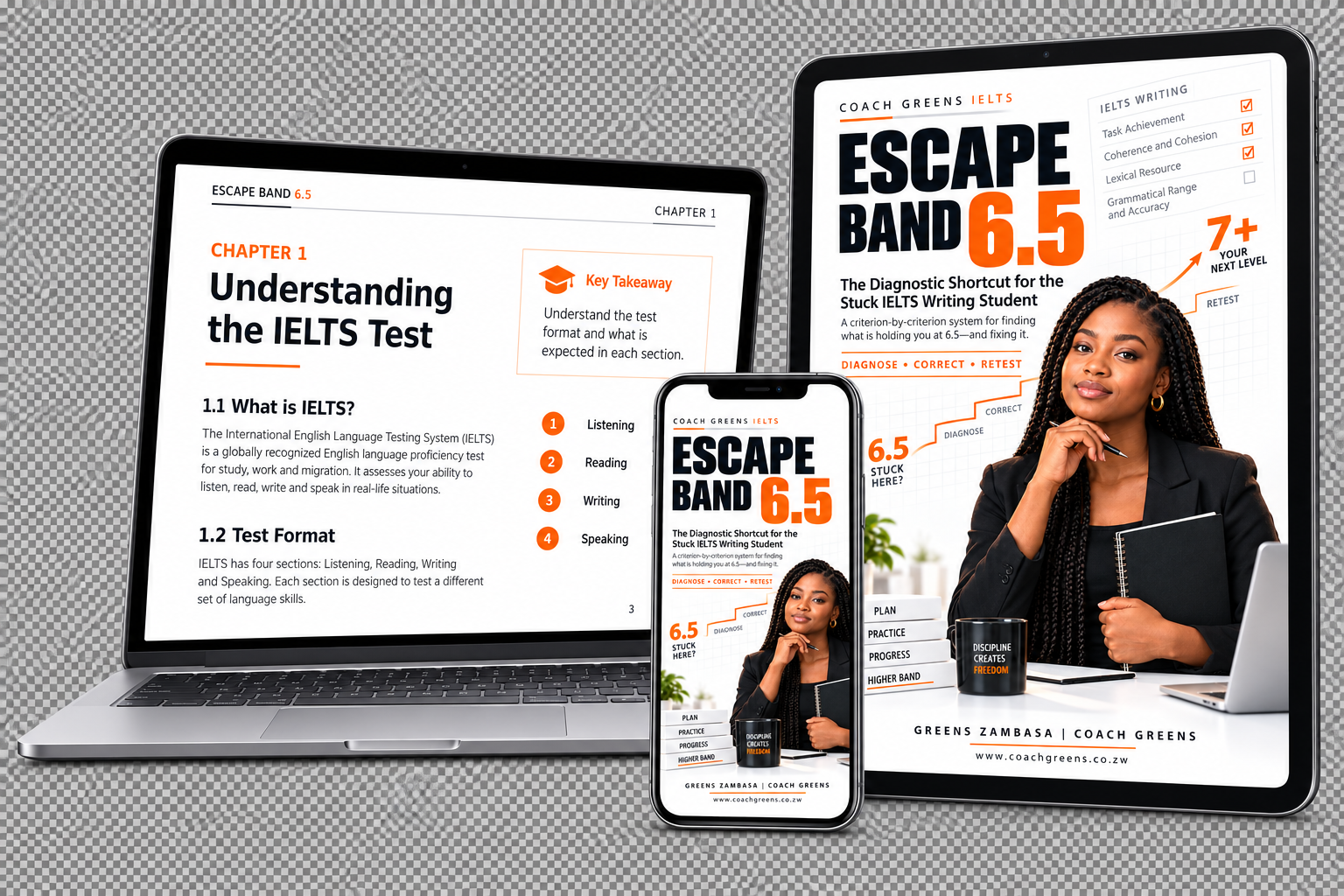 Escape Band 6.5 shown on a laptop, tablet and phone with a sample chapter open